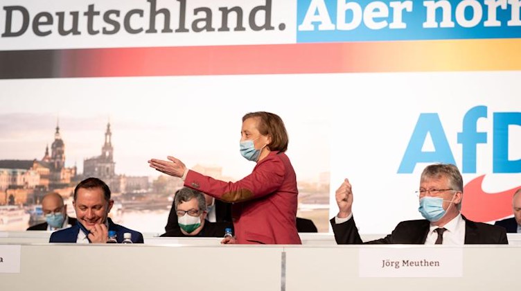 Tino Chrupalla (l-r), Beatrix von Storch und Jörg Meuthen nehmen am Bundesparteitag der AfD in Dresden teil. Foto: Kay Nietfeld/dpa