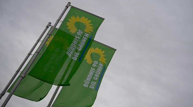 Flaggen mit dem Logo von Bündnis 90/Die Grünen wehen. Foto: Marijan Murat/dpa/Archivbild