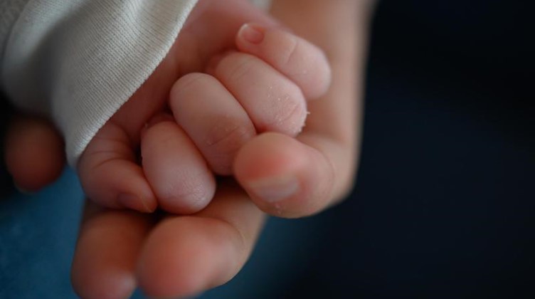 Die Hand eines zwei Wochen altes Neugeborenen liegt in der Hand seiner Mutter. Foto: Sebastian Gollnow/dpa/Symbolbild/Archivbild