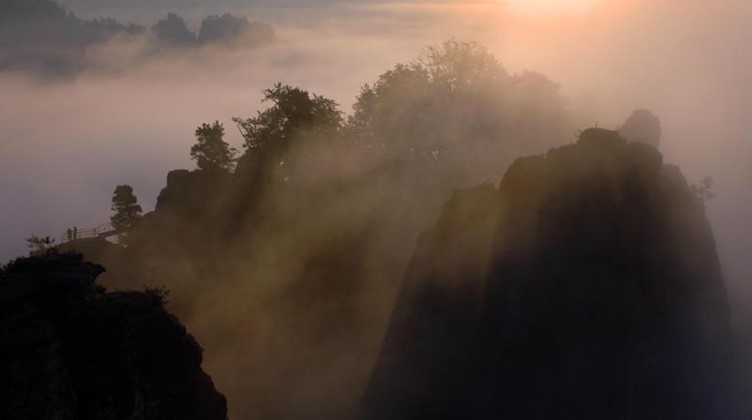 Morgennebel hüllt den Basteifelsen ein. Foto: Matthias Hiekel/dpa-Zentralbild/dpa-tmn/Archivbild