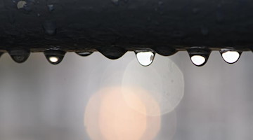 Regentropfen hängen an einem Geländer. Foto: Robert Michael/dpa-Zentralbild/dpa/Symbolbild
