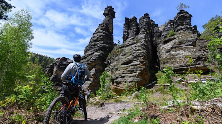 Ein Mountainbike-Fahrer beobachtet Kletterer. Foto: Robert Michael/dpa-Zentralbild/dpa/Symbolbild
