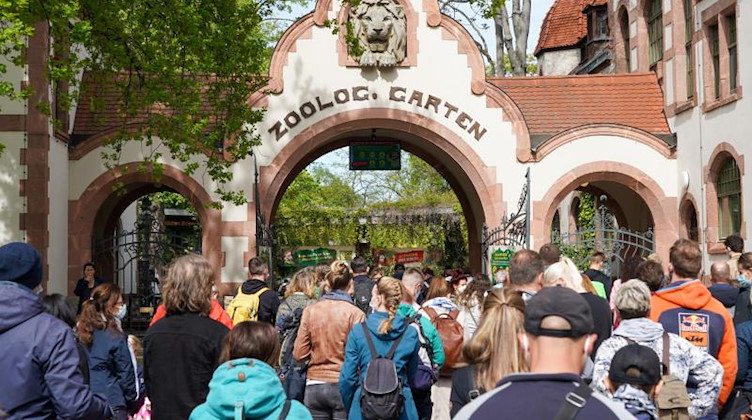 Besucherinnen und Besucher warten vor dem Zoo Leipzig auf den Einlass. Foto: Peter Endig/dpa-Zentralbild/dpa/Archivbild