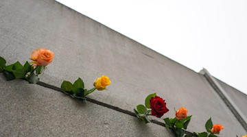 Rosen stecken in der Hinterlandmauer der Gedenkstätte Berliner Mauer. Foto: Jörg Carstensen/dpa/Archivbild
