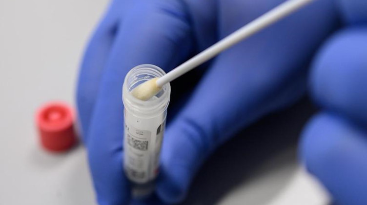 Ein Mann zeigt einen Abstrich für das Testverfahren auf das Virus Sars-CoV-2. Foto: Sebastian Gollnow/dpa/Symbolbild