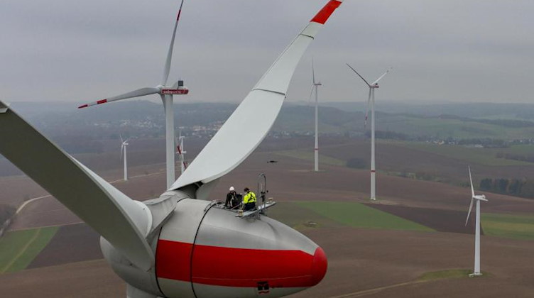 Wolfram Günther (l) bei der Besichtigung einer Windkraftanlage. Foto: Jan Woitas/dpa-Zentralbild/dpa/Archivbild