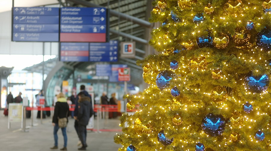 Ein Weihnachtsbaum steht in einem Terminal des Flughafen Leipzig-Halle. / Foto: Sebastian Willnow/dpa-Zentralbild/dpa