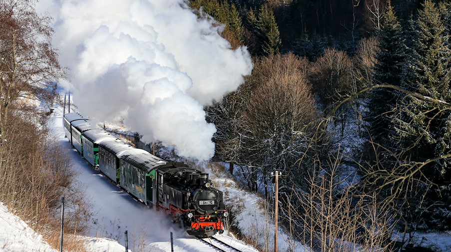 Die Fichtelbergbahn schnauft durch den Winterwald im Erzgebirge. / Foto: Jan Woitas/dpa-Zentralbild/dpa