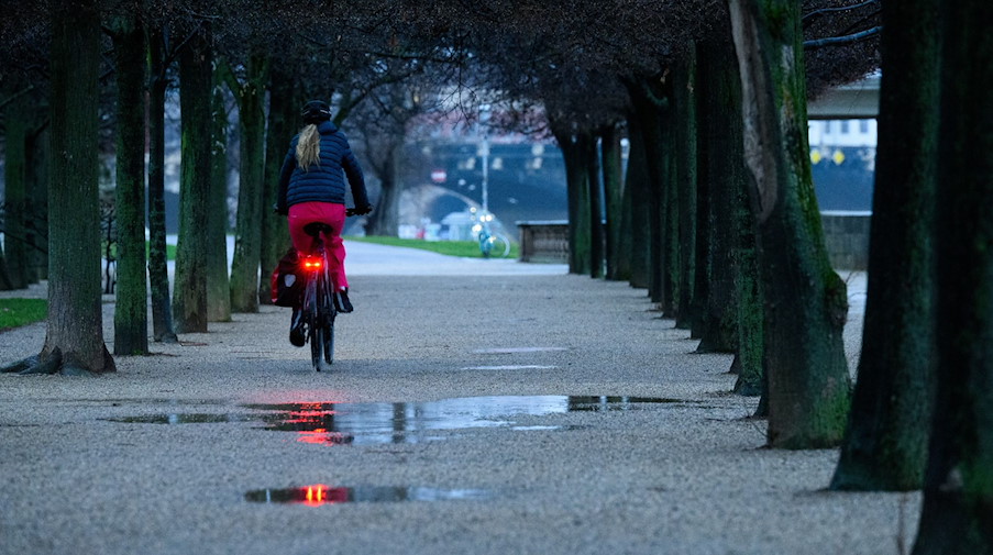 Eine Radfahrerin fährt im Garten des Japanischen Palais an Pfützen vorbei. / Foto: Robert Michael/dpa-Zentralbild/dpa