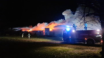 Einsatzkräfte der Feuerwehr löschen einen großen Altreifenbrand. / Foto: Tobias Junghannß/TNN/dpa