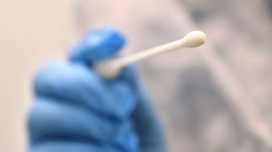 Ein Arzt hält einen Tupfer, mit dem ein Abstrich für einen Coronatest gemacht wird. / Foto: Karl-Josef Hildenbrand/dpa/Symbolbild