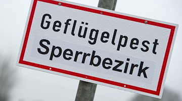 Ein Schild mit der Aufschrift «Geflügelpest Sperrbezirk». / Foto: Stefan Sauer/dpa-Zentralbild/dpa/Symbolbild