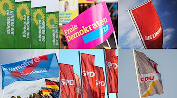 Fahnen der Parteien Bündnis 90/Die Grünen (oben l-r), FDP, Die Linke, AfD (unten l-r), SPD und CDU. / Foto: -/dpa/Symbolbild