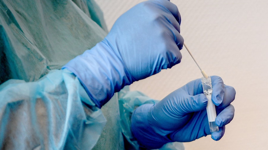 Ein Arzt hält einen Tupfer für einen Abstrich für einen Corona-Test in der Hand. / Foto: Britta Pedersen/dpa-Zentralbild/Symbolbild