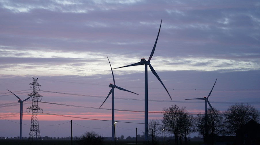 Windräder und Stromleitungen sind im Abendlicht zu sehen. / Foto: Marcus Brandt/dpa/Symbolbild