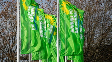 Fahnen mit dem Parteilogo der Grünen wehen im Wind. / Foto: Stefan Puchner/dpa/Symbolbild