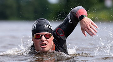 Joseph Heß schwimmt während einer Trainingseinheit in der Elbe. / Foto: Sebastian Kahnert/dpa/Archivbild