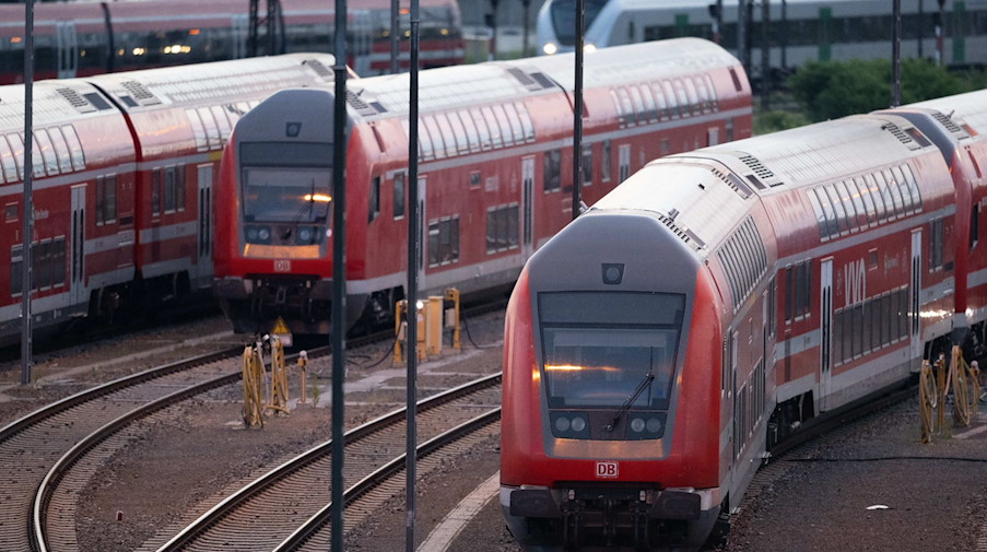 Züge der Deutschen Bahn (DB) stehen am Hauptbahnhof Dresden auf einem Gleis. / Foto: Sebastian Kahnert/dpa/Symbolbild