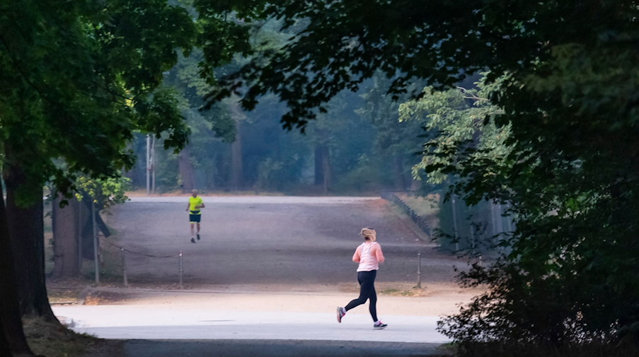 Jogger sind am Montagmorgen in Dresdens innerstädtischem Park Großer Garten unterwegs. / Foto: Matthias Rietschel/dpa