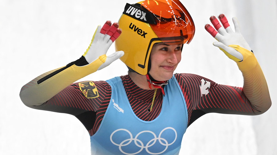 Julia Taubitz im Ziel bei den Olympischen Winterspielen 2022. / Foto: Robert Michael/dpa-Zentralbild/dpa/Archivbild