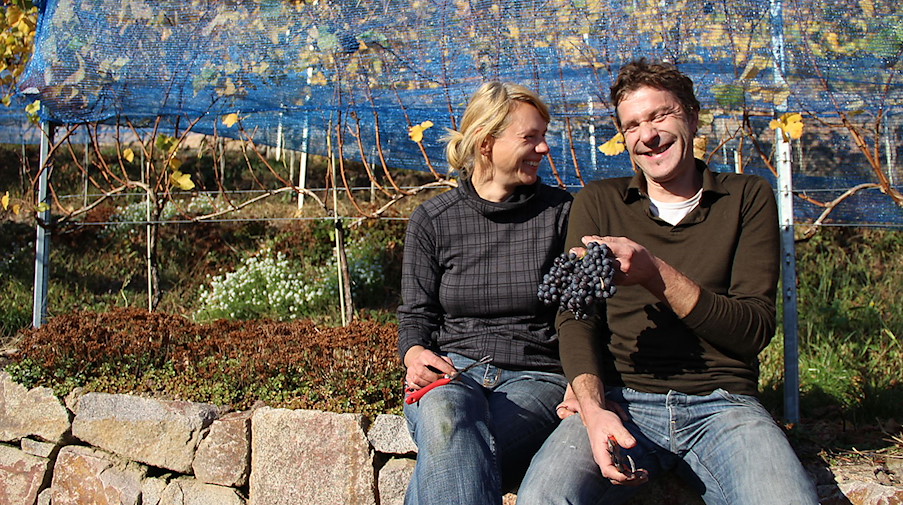 Das Winzerpaar Grit Geißler und Martin Schwarz sitzt auf einer Mauer ihres Weinguts. / Foto: -/Weingut Martin Schwarz/dpa