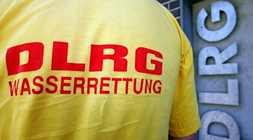 Ein Helfer der DLRG (Deutsche Lebens-Rettungs-Gesellschaft) steht vor einem Logo. / Foto: Patrick Seeger/dpa/Bildarchiv