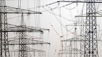 Strommasten stehen in der Nähe eines Windparks. / Foto: Federico Gambarini/dpa/Symbolbild