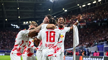 Leipzigs Spieler jubeln während des Spiels gegen Glasgow am 3. Spieltag. / Foto: Jan Woitas/dpa