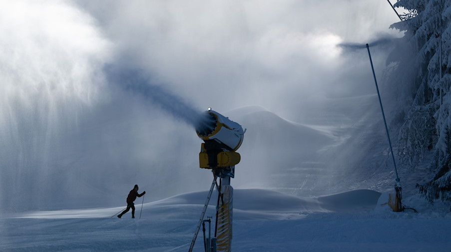 Ein Skifahrer fährt zwischen Schneekanonen über einen Skihang. / Foto: Sebastian Kahnert/dpa