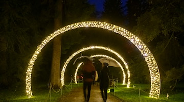 Besucher gehen durch einen Lichterbogen in den Anlagen von Schloss Pillnitz. / Foto: Matthias Rietschel/dpa/Archiv
