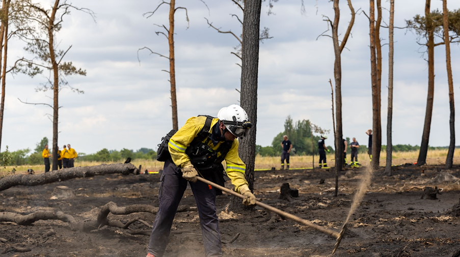 Ein Feuerwehrmann bearbeitet nach einem Waldbrand den Waldboden mit einer Hacke. / Foto: Daniel Schäfer/dpa/Symbolbild