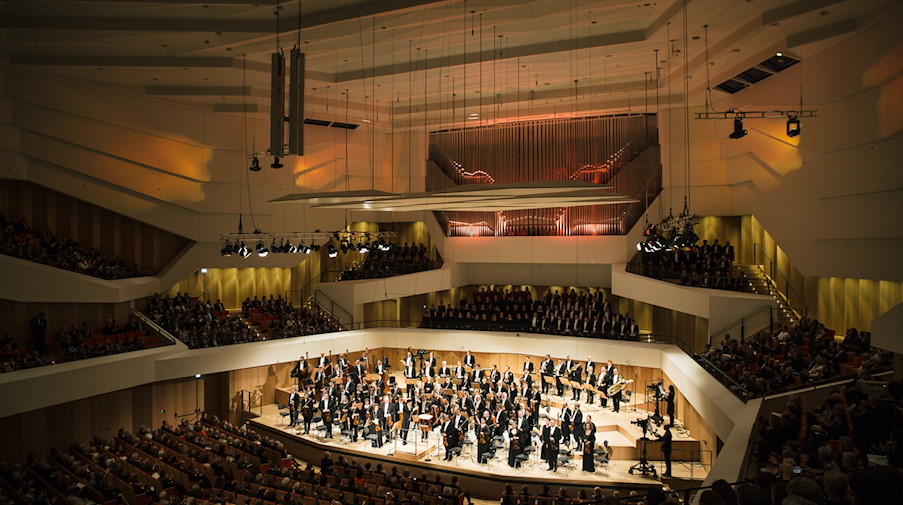 Musiker der Dresdner Philharmonie stehen auf der Bühne des Kulturpalastes. / Foto: Oliver Killig/dpa-Zentralbild/dpa/Archivbild