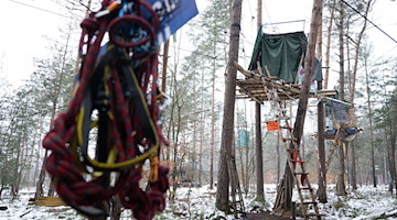 Baumhäuser der Initiative "Heibo bleibt" in einem besetzten Waldgebiet in der Laußnitzer Heide. / Foto: Sebastian Kahnert/dpa