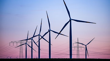 Windkraftanlagen und Hochspannungsleitungen sind vor dem Abendhimmel zu sehen. / Foto: Jan Woitas/dpa/Symbolbild