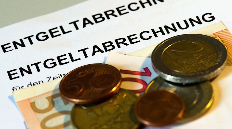 Euromünzen und Euroscheine liegen auf Entgeltabrechnungen. / Foto: Arno Burgi/dpa-Zentralbild/dpa/Illustration