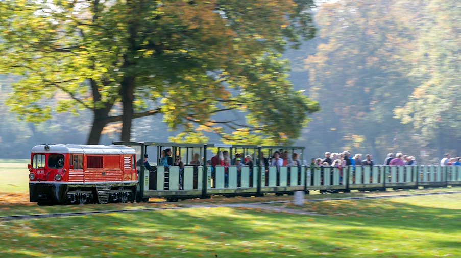 Die Lokomotive EA01 der Dresdner Parkeisenbahn zieht einen Personenzug durch den Großen Garten. / Foto: Jens Büttner/dpa-Zentralbild/dpa/Archivbild
