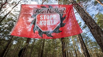 Ein Banner mit der Aufschrift Kein Nochten 2 STOPP KOHLE hängt an zwei Bäumen. / Foto: Daniel Schäfer/dpa-Zentralbild/dpa/Archivbild