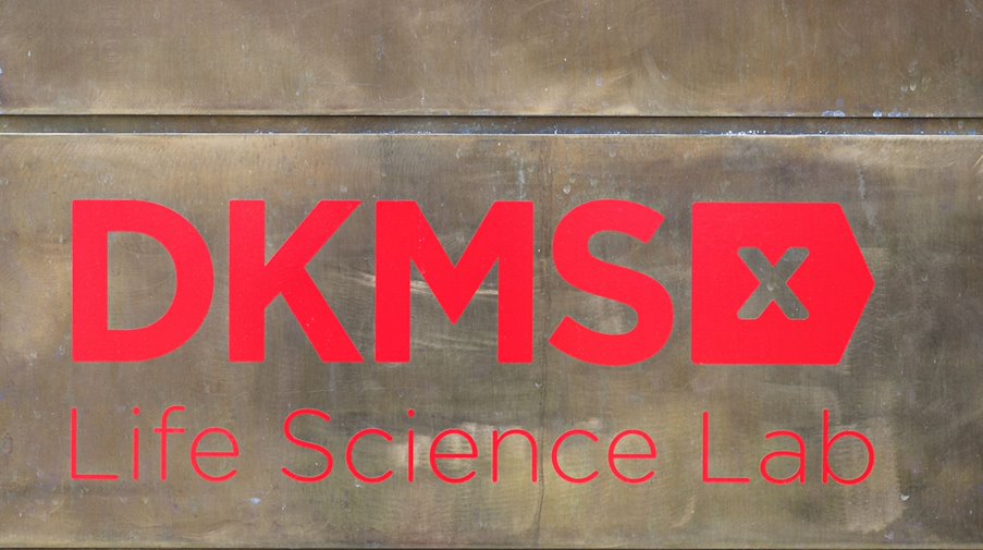 Ein Schild mit der Aufschrift DKMS Life Science Lab steht am Stammzellenspenderlabor. / Foto: Robert Michael/dpa-Zentralbild/dpa/Archivbild
