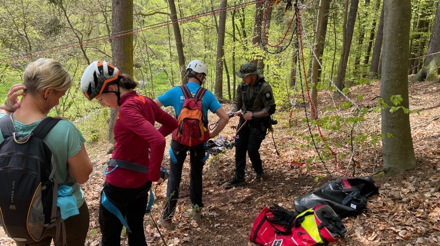 Putting on the rope gear to cross a river (Image: Thomas Wolf)