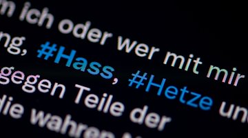 Auf dem Bildschirm eines Smartphones sieht man die Hashtags Hass und Hetze in einem Twitter-Post. / Foto: Fabian Sommer/dpa/Symbolbild