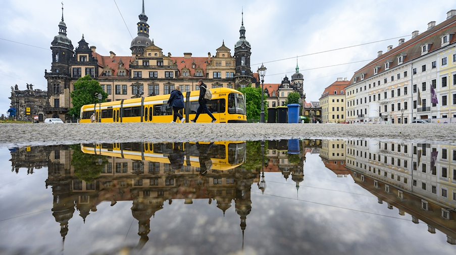 Eine Straßenbahn der Dresdner Verkehrsbetriebe (DVB) fährt in der Altstadt vor dem Residenzschloss entlang und spiegelt sich in einer Pfütze. / Foto: Robert Michael/dpa/Archivbild