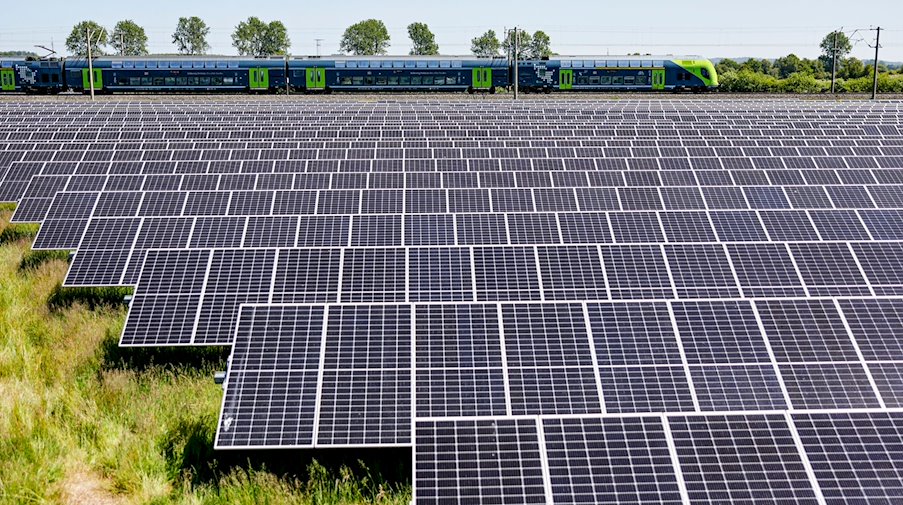 Ein Regionalzug fährt an einem Solarfeld der Agri Photovoltaik, das in einem Moorgebiet steht, entlang. / Foto: Axel Heimken/dpa/Archivbild