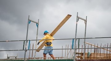 Ein Bauarbeiter trägt auf einer Baustelle auf einem Hausdach ein Brett. / Foto: Christophe Gateau/dpa