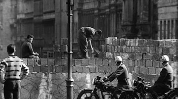 Arbeiter erhöhen die Sektorensperre an der Bernauer Straße in Berlin. / Foto: dpa