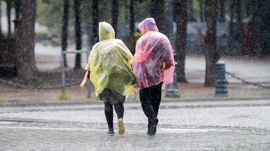 Menschen mit Plastik-Regenschutz gehen durch den Regen. / Foto: Christoph Soeder/dpa/Symbolbild