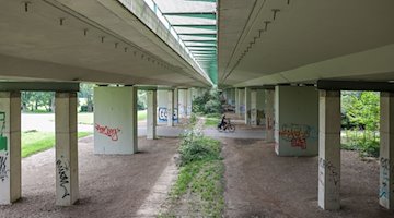 Mehrere zusätzliche Stützen wurden unter der Brücke durch den Agra-Park installiert. / Foto: Jan Woitas/dpa