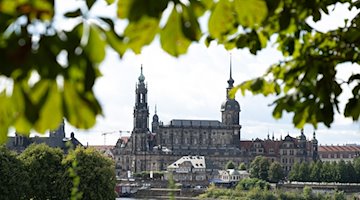 Die Blätter einer Kastanie rahmen die Kulisse der Dresdener Altstadt mit der Katholischen Hofkirche (l) und dem Hausmannsturm. / Foto: Sebastian Kahnert/dpa