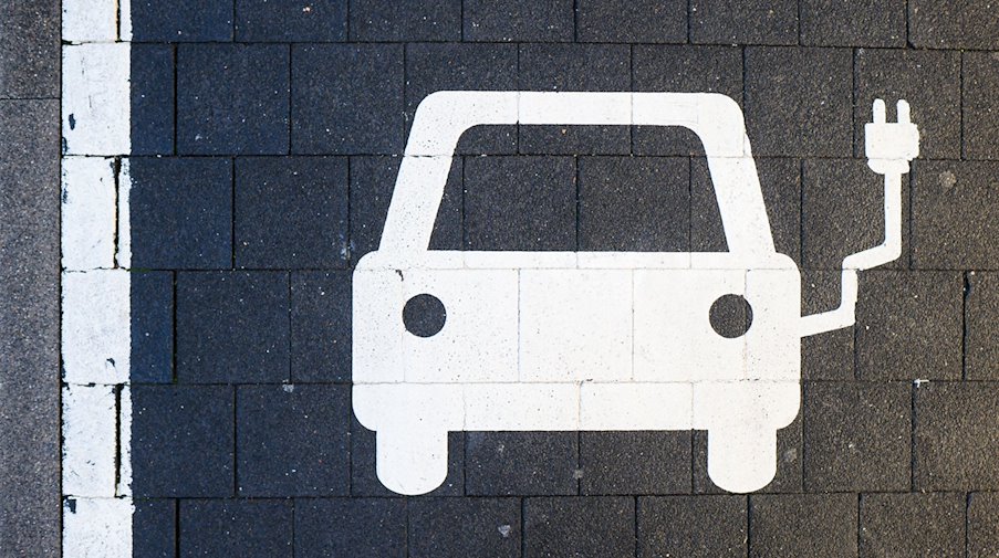 Ein Symbol markiert einen Parkplatz an einer Ladesäule für Elektroautos. / Foto: Julian Stratenschulte/dpa/Symbolbild