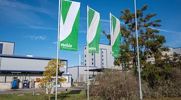 Banderas con el logotipo de la empresa ondean delante de una parte de la planta de Verbio Vereinigte BioEnergie AG. / Foto: Christophe Gateau/dpa