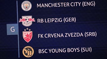 Group G with Manchester City, RB Leipzig, Red Star Belgrade and Young Boys Bern is shown during the draw. / Photo: Daniel Cole/AP/dpa